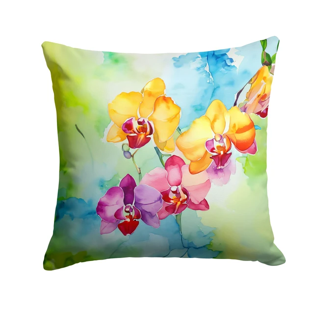 Main image of Orchids in Watercolor Throw Pillow Machine Washable, Indoor Outdoor Decorative Pillow for Couch, Bed or Patio, 18Hx18W