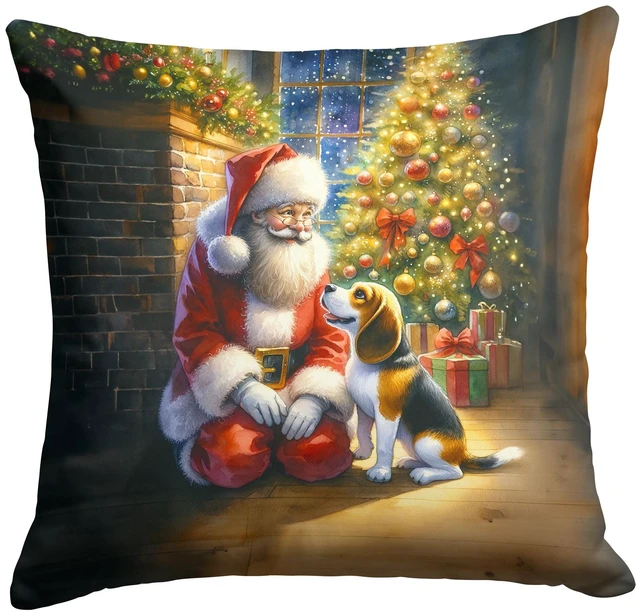 Main image of Beagle and Santa Claus Throw Pillow Machine Washable, Indoor Outdoor Decorative Pillow for Couch, Bed or Patio, 18Hx18W