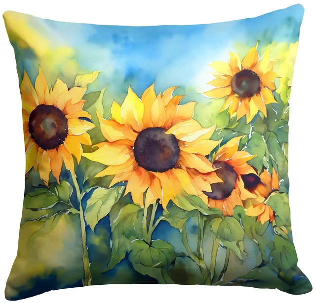 Main image of Sunflowers in Watercolor Throw Pillow Machine Washable, Indoor Outdoor Decorative Pillow for Couch, Bed or Patio, 18Hx18W