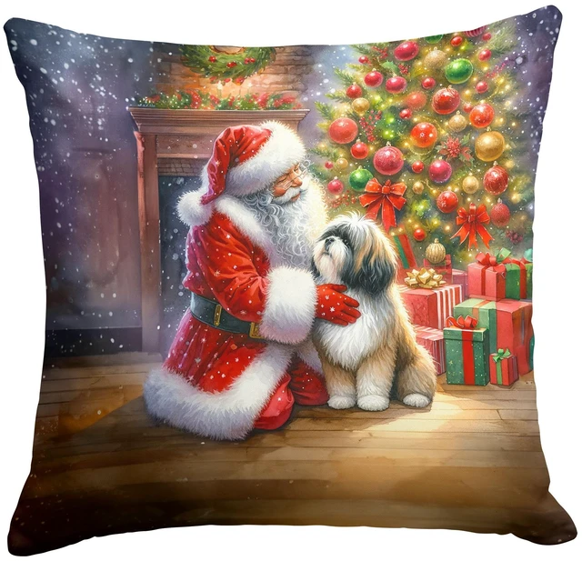 Main image of Lhasa Apso and Santa Claus Throw Pillow Machine Washable, Indoor Outdoor Decorative Pillow for Couch, Bed or Patio, 18Hx18W