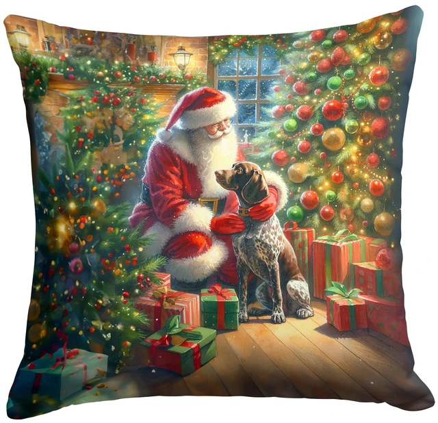Main image of German Shorthaired Pointer and Santa Claus Throw Pillow Machine Washable, Indoor Outdoor Decorative Pillow for Couch, Bed or Patio, 18Hx18W