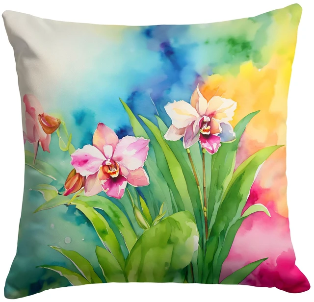 Main image of Orchids in Watercolor Throw Pillow Machine Washable, Indoor Outdoor Decorative Pillow for Couch, Bed or Patio, 18Hx18W