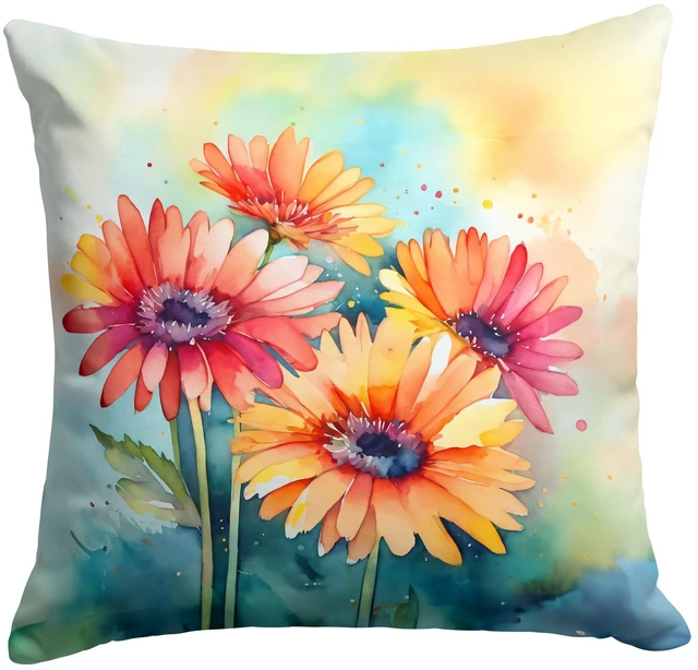 Main image of Gerbera Daisies in Watercolor Throw Pillow Machine Washable, Indoor Outdoor Decorative Pillow for Couch, Bed or Patio, 18Hx18W