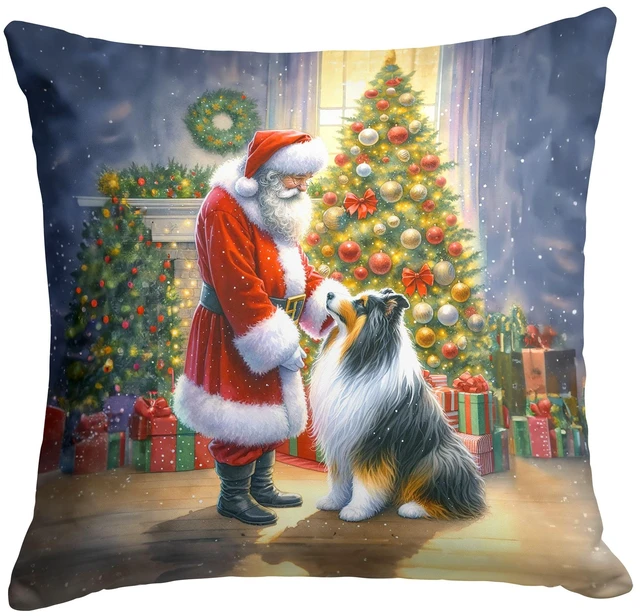 Main image of Collie and Santa Claus Throw Pillow Machine Washable, Indoor Outdoor Decorative Pillow for Couch, Bed or Patio, 18Hx18W