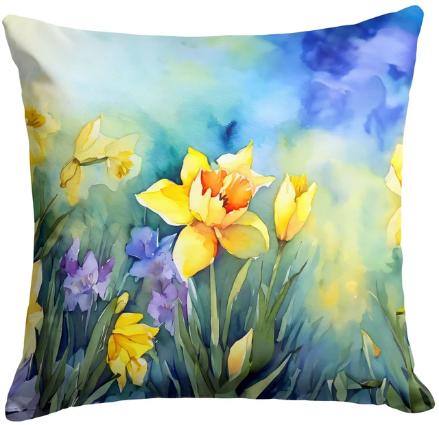 Main image of Daffodils in Watercolor Throw Pillow Machine Washable, Indoor Outdoor Decorative Pillow for Couch, Bed or Patio, 18Hx18W
