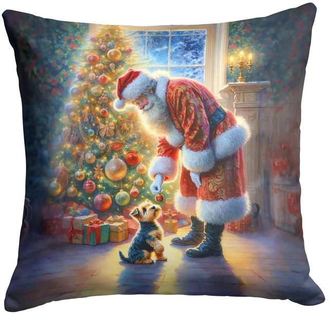 Main image of Australian Terrier and Santa Claus Throw Pillow Machine Washable, Indoor Outdoor Decorative Pillow for Couch, Bed or Patio, 18Hx18W