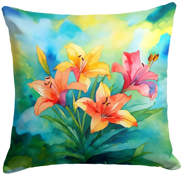 Main image of Lilies in Watercolor Throw Pillow Machine Washable, Indoor Outdoor Decorative Pillow for Couch, Bed or Patio, 18Hx18W
