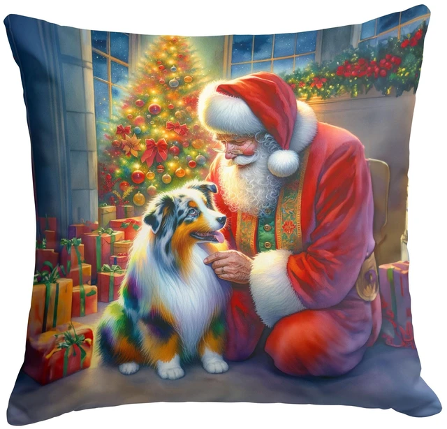 Main image of Australian Shepherd and Santa Claus Throw Pillow Machine Washable, Indoor Outdoor Decorative Pillow for Couch, Bed or Patio, 18Hx18W