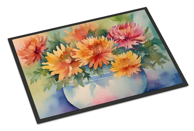 Main image of NEW Chrysanthemums in Watercolor Doormat Front Door Mat Indoor Outdoor Rugs for Entryway, Non Slip Washable Low Pile, 18H X 27W