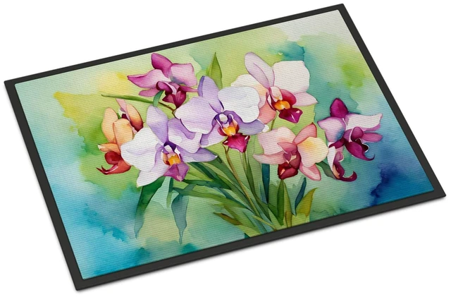 Main image of NEW Orchids in Watercolor Doormat Front Door Mat Indoor Outdoor Rugs for Entryway, Non Slip Washable Low Pile, 18H X 27W