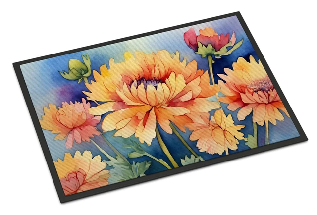 Main image of NEW Chrysanthemums in Watercolor Doormat Front Door Mat Indoor Outdoor Rugs for Entryway, Non Slip Washable Low Pile, 18H X 27W