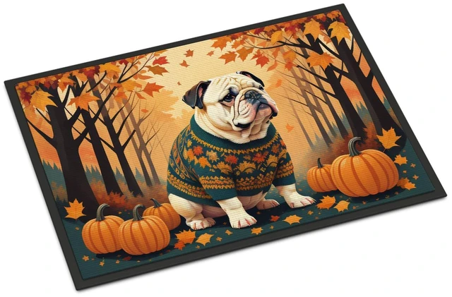 Main image of NEW White English Bulldog Fall Doormat Front Door Mat Indoor Outdoor Rugs for Entryway, Non Slip Washable Low Pile, 18H X 27W