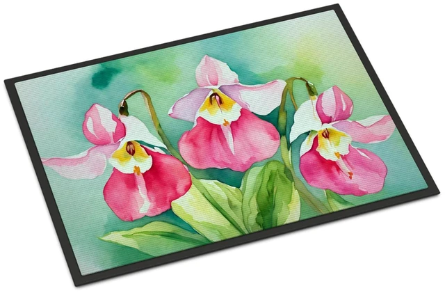 Main image of NEW Minnesota Pink and White Lady s Slippers in Watercolor Doormat Front Door Mat Indoor Outdoor Rugs for Entryway, Non Slip Washable Low Pile, 18H X 27W