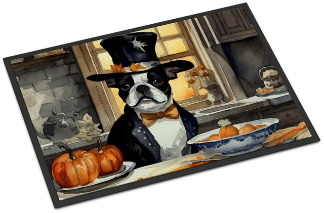 Main image of NEW Boston Terrier Fall Kitchen Pumpkins Doormat Front Door Mat Indoor Outdoor Rugs for Entryway, Non Slip Washable Low Pile, 18H X 27W