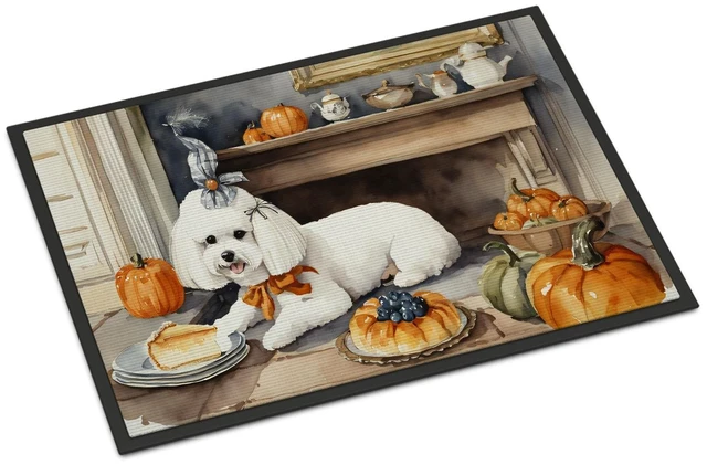 Main image of NEW Bichon Frise Fall Kitchen Pumpkins Doormat Front Door Mat Indoor Outdoor Rugs for Entryway, Non Slip Washable Low Pile, 18H X 27W