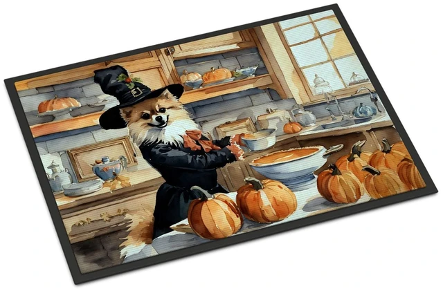 Main image of NEW Pomeranian Fall Kitchen Pumpkins Doormat Front Door Mat Indoor Outdoor Rugs for Entryway, Non Slip Washable Low Pile, 18H X 27W