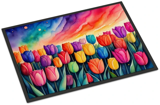Main image of NEW Tulips in Color Doormat Front Door Mat Indoor Outdoor Rugs for Entryway, Non Slip Washable Low Pile, 18H X 27W