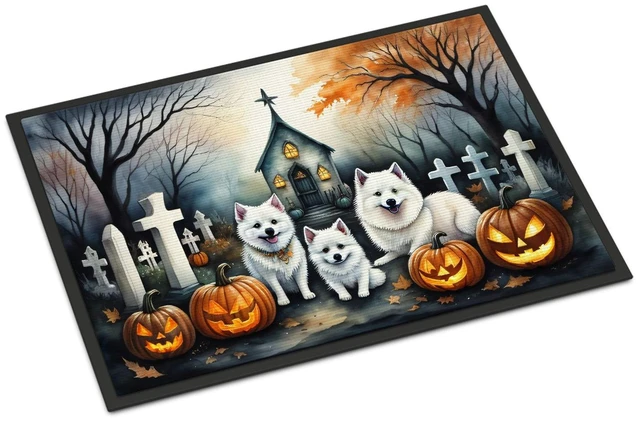 Main image of NEW American Eskimo Spooky Halloween Doormat Front Door Mat Indoor Outdoor Rugs for Entryway, Non Slip Washable Low Pile, 18H X 27W
