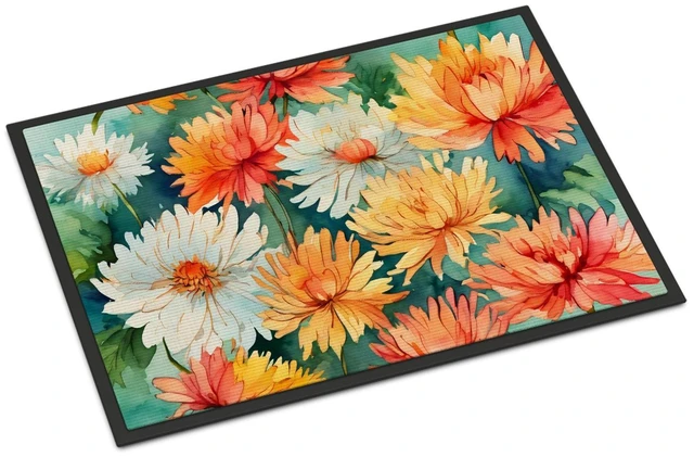 Main image of NEW Chrysanthemums in Watercolor Doormat Front Door Mat Indoor Outdoor Rugs for Entryway, Non Slip Washable Low Pile, 18H X 27W