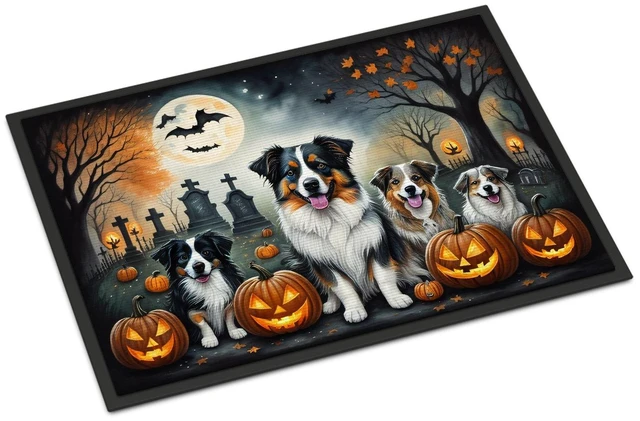Main image of NEW Australian Shepherd Spooky Halloween Doormat Front Door Mat Indoor Outdoor Rugs for Entryway, Non Slip Washable Low Pile, 18H X 27W