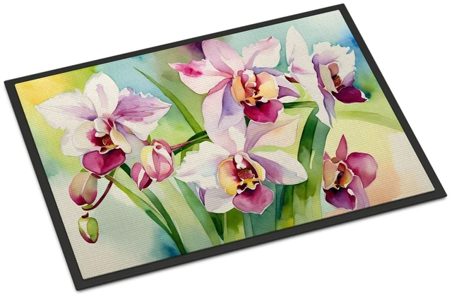 Main image of NEW Orchids in Watercolor Doormat Front Door Mat Indoor Outdoor Rugs for Entryway, Non Slip Washable Low Pile, 18H X 27W