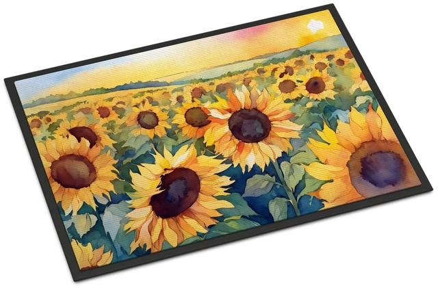 Main image of NEW Kansas Sunflowers in Watercolor Doormat Front Door Mat Indoor Outdoor Rugs for Entryway, Non Slip Washable Low Pile, 18H X 27W