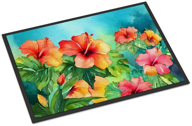 Main image of NEW Hawaii Hawaiian Hibiscus in Watercolor Doormat Front Door Mat Indoor Outdoor Rugs for Entryway, Non Slip Washable Low Pile, 18H X 27W