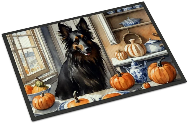 Main image of NEW Belgian Sheepdog Fall Kitchen Pumpkins Doormat Front Door Mat Indoor Outdoor Rugs for Entryway, Non Slip Washable Low Pile, 18H X 27W