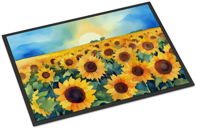 Main image of NEW Kansas Sunflowers in Watercolor Doormat Front Door Mat Indoor Outdoor Rugs for Entryway, Non Slip Washable Low Pile, 18H X 27W