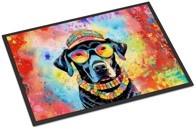 Main image of NEW Black Labrador Hippie Dawg Doormat Front Door Mat Indoor Outdoor Rugs for Entryway, Non Slip Washable Low Pile, 18H X 27W