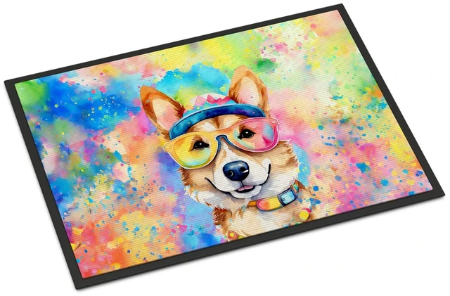 Main image of NEW Corgi Hippie Dawg Doormat Front Door Mat Indoor Outdoor Rugs for Entryway, Non Slip Washable Low Pile, 18H X 27W