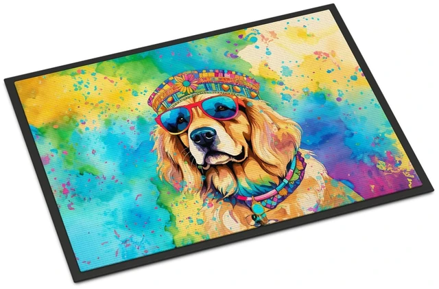 Main image of NEW Golden Retriever Hippie Dawg Doormat Front Door Mat Indoor Outdoor Rugs for Entryway, Non Slip Washable Low Pile, 18H X 27W