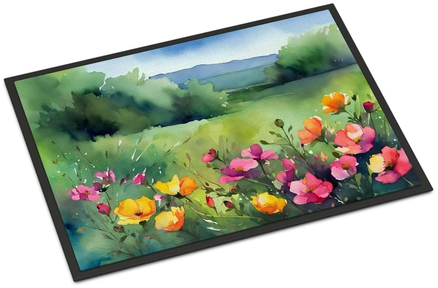 Main image of NEW North Dakota Wild Prairie Roses in Watercolor Doormat Front Door Mat Indoor Outdoor Rugs for Entryway, Non Slip Washable Low Pile, 18H X 27W