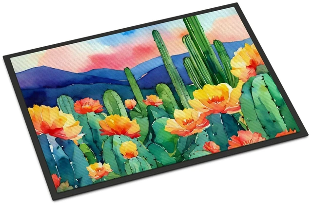 Main image of NEW Arizona Saguaro Cactus Blossom in Watercolor Doormat Front Door Mat Indoor Outdoor Rugs for Entryway, Non Slip Washable Low Pile, 18H X 27W