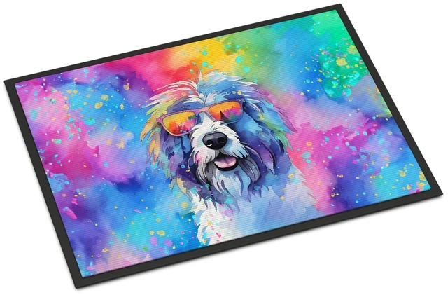 Main image of NEW Old English Sheepdog Hippie Dawg Doormat Front Door Mat Indoor Outdoor Rugs for Entryway, Non Slip Washable Low Pile, 18H X 27W