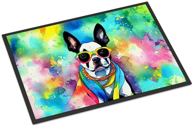 Main image of NEW Boston Terrier Hippie Dawg Doormat Front Door Mat Indoor Outdoor Rugs for Entryway, Non Slip Washable Low Pile, 18H X 27W