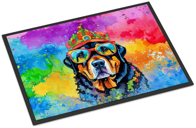 Main image of NEW Rottweiler Hippie Dawg Doormat Front Door Mat Indoor Outdoor Rugs for Entryway, Non Slip Washable Low Pile, 18H X 27W