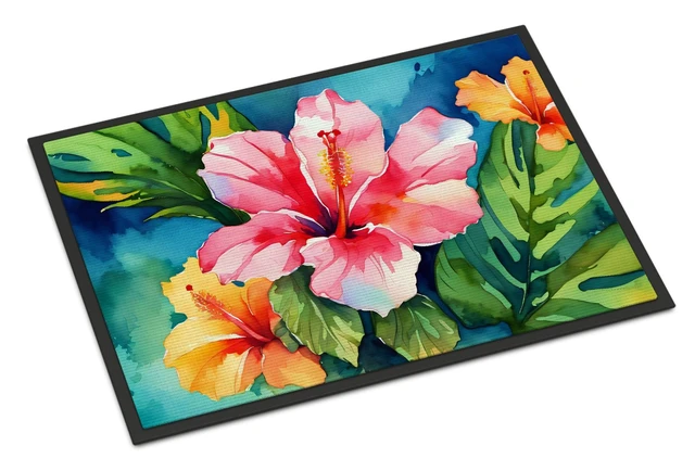 Main image of NEW Hawaii Hawaiian Hibiscus in Watercolor Doormat Front Door Mat Indoor Outdoor Rugs for Entryway, Non Slip Washable Low Pile, 18H X 27W