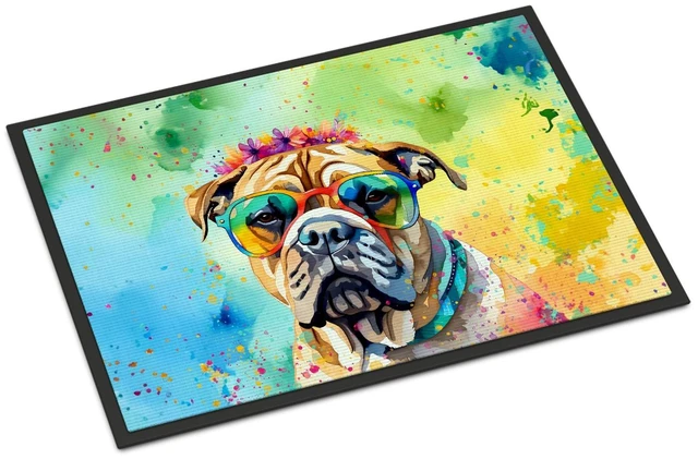 Main image of NEW Bullmastiff Hippie Dawg Doormat Front Door Mat Indoor Outdoor Rugs for Entryway, Non Slip Washable Low Pile, 18H X 27W