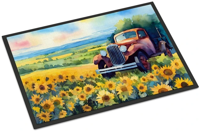 Main image of NEW Kansas Sunflowers in Watercolor Doormat Front Door Mat Indoor Outdoor Rugs for Entryway, Non Slip Washable Low Pile, 18H X 27W