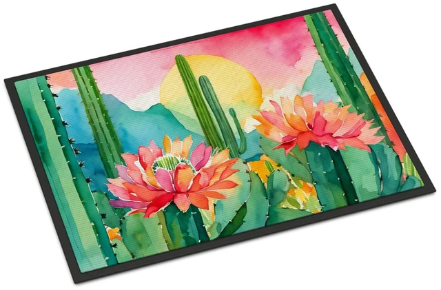 Main image of NEW Arizona Saguaro Cactus Blossom in Watercolor Doormat Front Door Mat Indoor Outdoor Rugs for Entryway, Non Slip Washable Low Pile, 18H X 27W