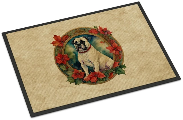 Main image of NEW White Boxer Christmas Flowers Doormat Front Door Mat Indoor Outdoor Rugs for Entryway, Non Slip Washable Low Pile, 18H X 27W