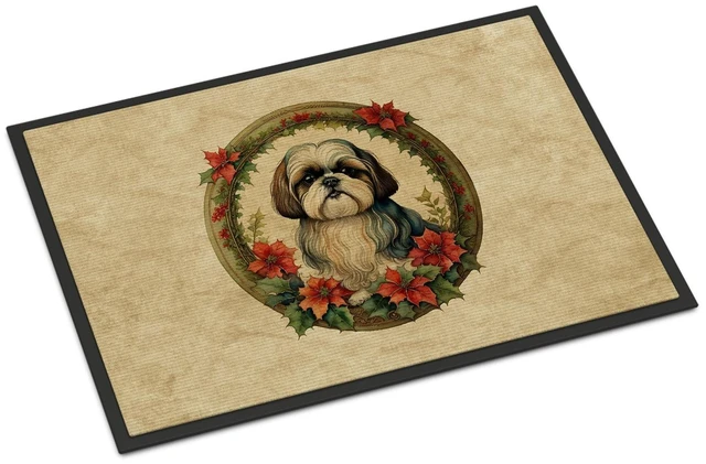 Main image of NEW Shih Tzu Christmas Flowers Doormat Front Door Mat Indoor Outdoor Rugs for Entryway, Non Slip Washable Low Pile, 18H X 27W