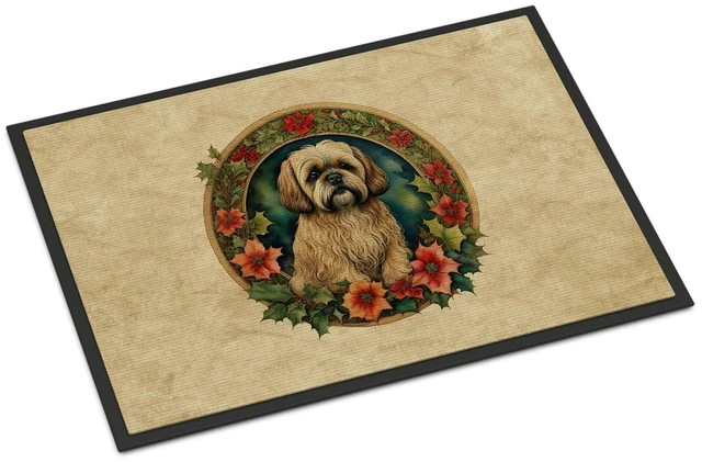 Main image of NEW Lhasa Apso Christmas Flowers Doormat Front Door Mat Indoor Outdoor Rugs for Entryway, Non Slip Washable Low Pile, 18H X 27W