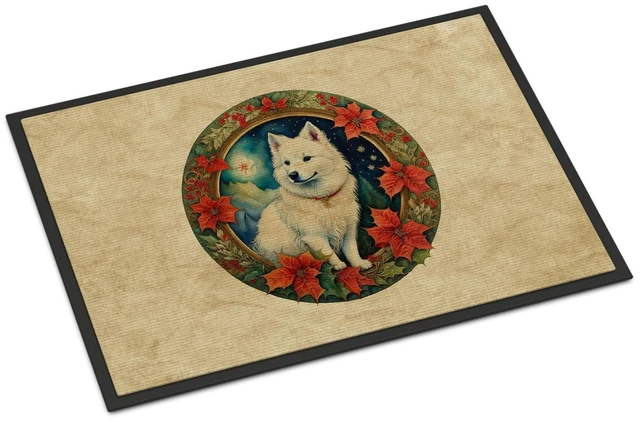 Main image of NEW American Eskimo Christmas Flowers Doormat Front Door Mat Indoor Outdoor Rugs for Entryway, Non Slip Washable Low Pile, 18H X 27W