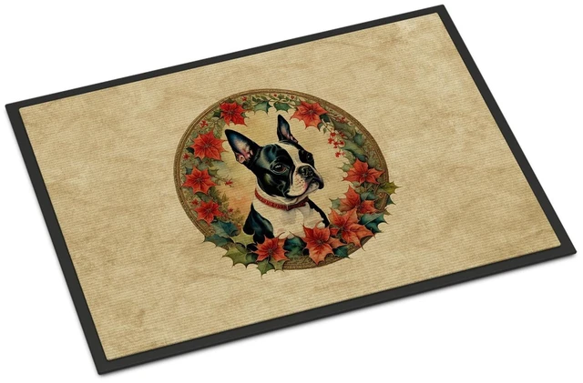 Main image of NEW Boston Terrier Christmas Flowers Doormat Front Door Mat Indoor Outdoor Rugs for Entryway, Non Slip Washable Low Pile, 18H X 27W