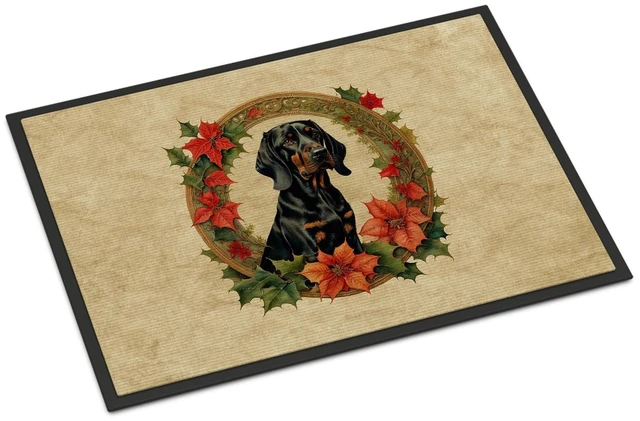 Main image of NEW Black and Tan Coonhound Christmas Flowers Doormat Front Door Mat Indoor Outdoor Rugs for Entryway, Non Slip Washable Low Pile, 18H X 27W