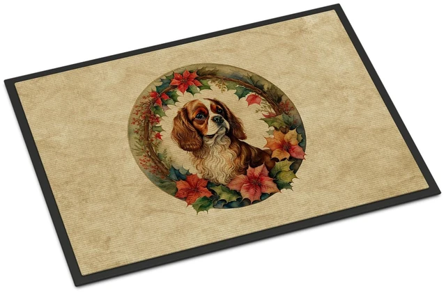 Main image of NEW Cavalier Spaniel Christmas Flowers Doormat Front Door Mat Indoor Outdoor Rugs for Entryway, Non Slip Washable Low Pile, 18H X 27W
