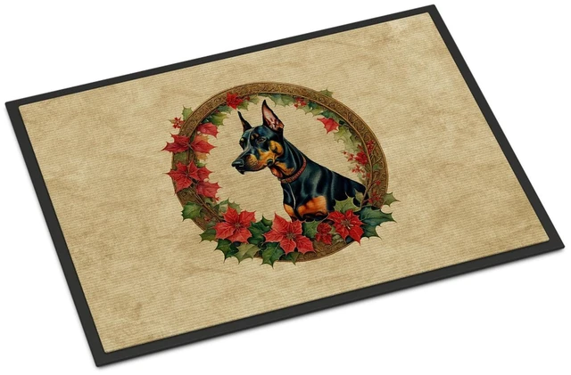 Main image of NEW Doberman Pinscher Christmas Flowers Doormat Front Door Mat Indoor Outdoor Rugs for Entryway, Non Slip Washable Low Pile, 18H X 27W