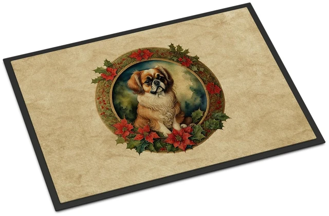 Main image of NEW Tibetan Spaniel Christmas Flowers Doormat Front Door Mat Indoor Outdoor Rugs for Entryway, Non Slip Washable Low Pile, 18H X 27W